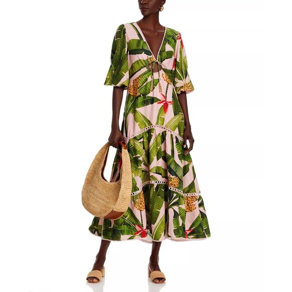 285$ Farm Rio Banana Leaves Tiered A-Line Midi Dress Size M Pink Green - Picture 2 of 5